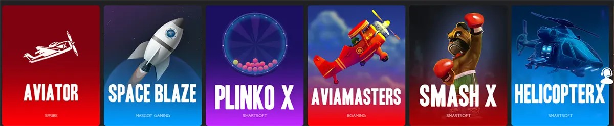 Row of instant casino games including crash, plinko, and arcade-style titles