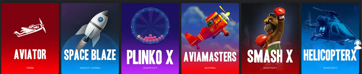 Row of instant casino games including crash, plinko, and arcade-style titles