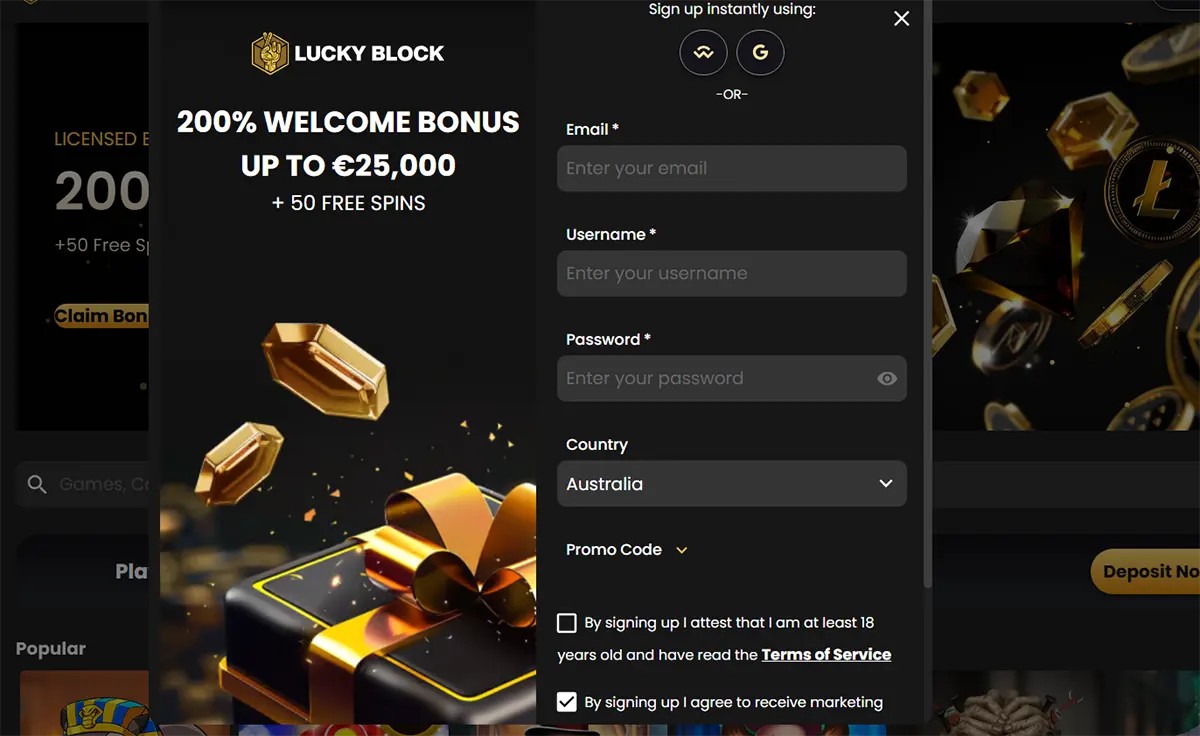 Casino sign up popup with welcome bonus offer and user registration form