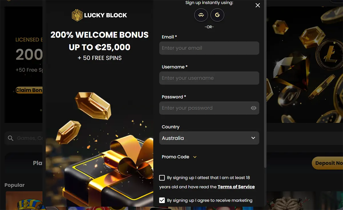 Casino sign up popup with welcome bonus offer and user registration form